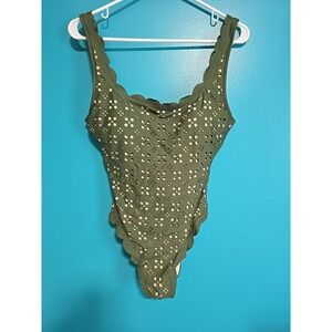J.Crew Size 8 Scalloped Eyelet One-Piece Swimsuit Womens Olive Green Pink